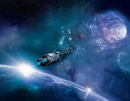 Starship approaching wormhole in space