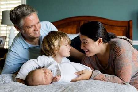 Parents with kids in a bedroom