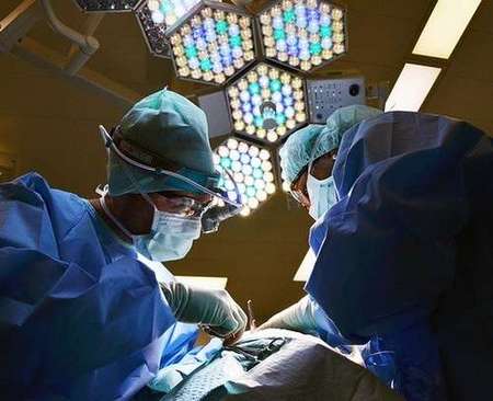 Operating room with colored overhead lights