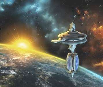 Futuristic space station in orbit above Earth