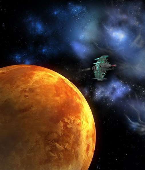 Starship approaching an exoplanet